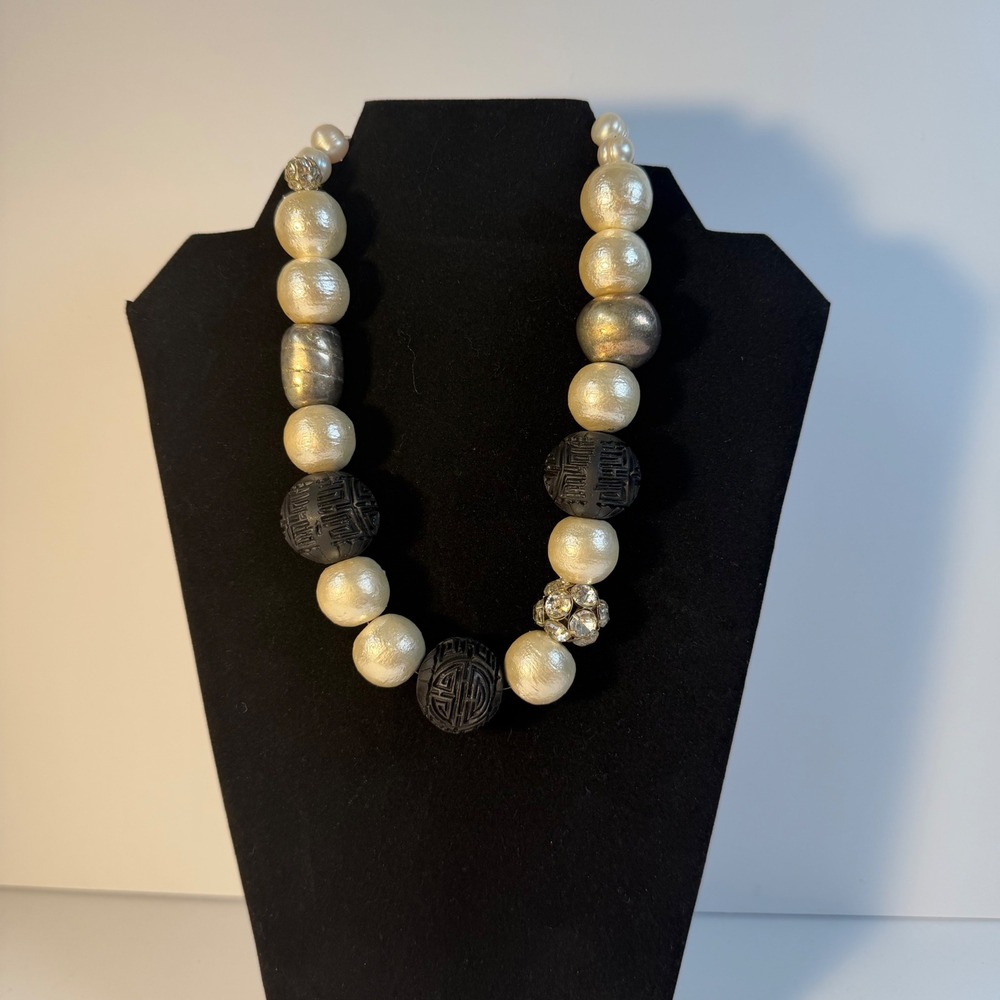 Vtg 80s Chunky Pearl Statement Choker Necklace Shou Longevity Chinoiserie Runway
